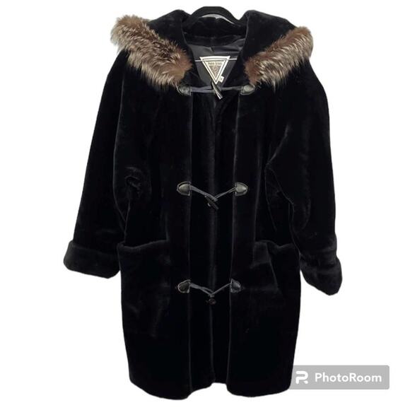 Vintage 80s J Percy Marvin Richards Black Faux Racoon Fur Hooded Coat Size Small - Picture 1 of 15